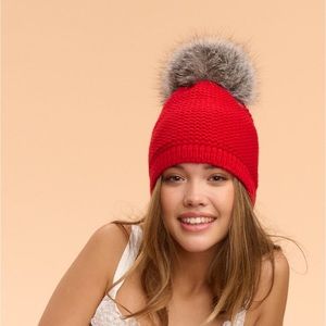 KYI KYI CLASSIC WOOL BLEND BEANIE WITH FAUX FUR POM RED WITH GRAY OS NWOT